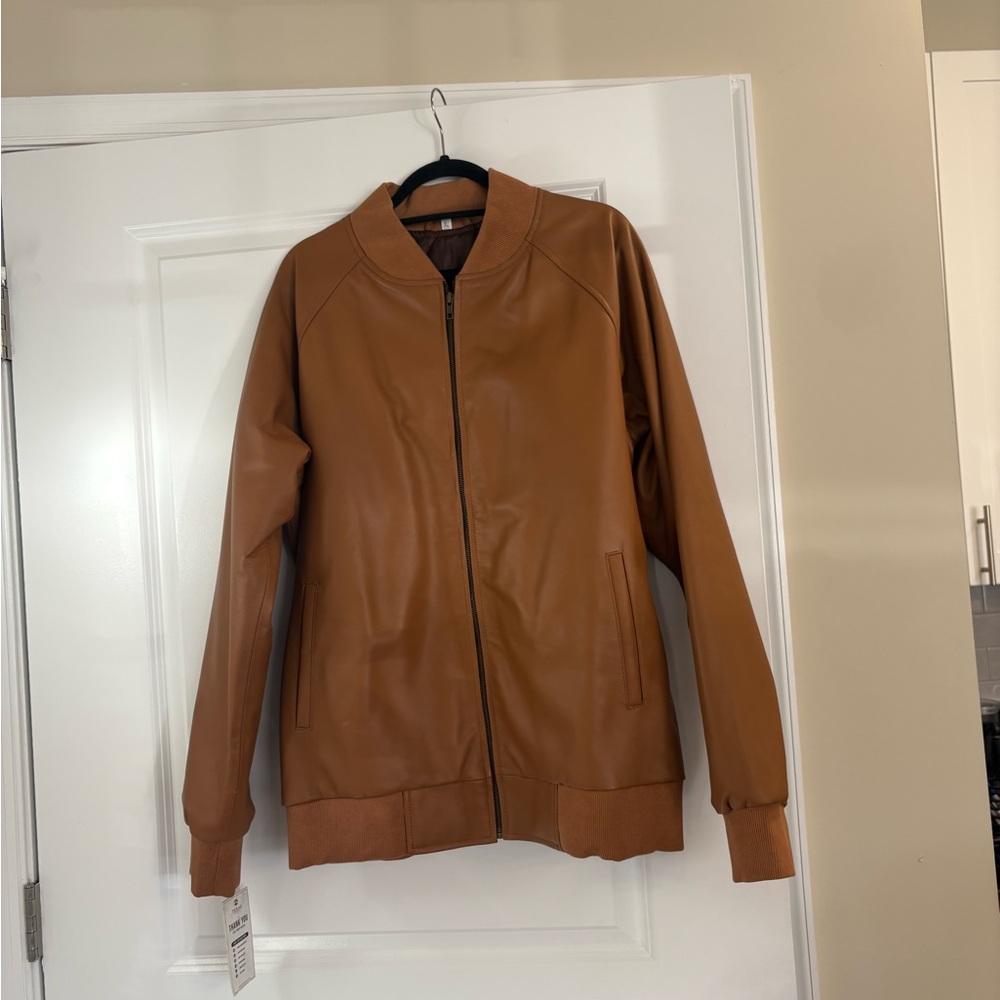 Tan Bomber Jacket with Ribbed Cuffs and Waistband